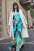 Stunning Turquoise Digital Print Satin Soft Silk Saree