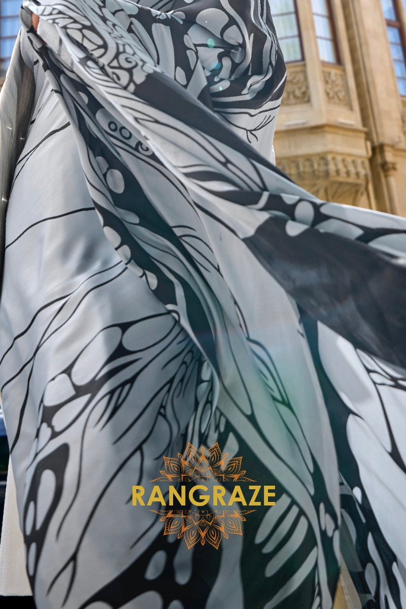 Rajwada White Satin Silk Printed Saree