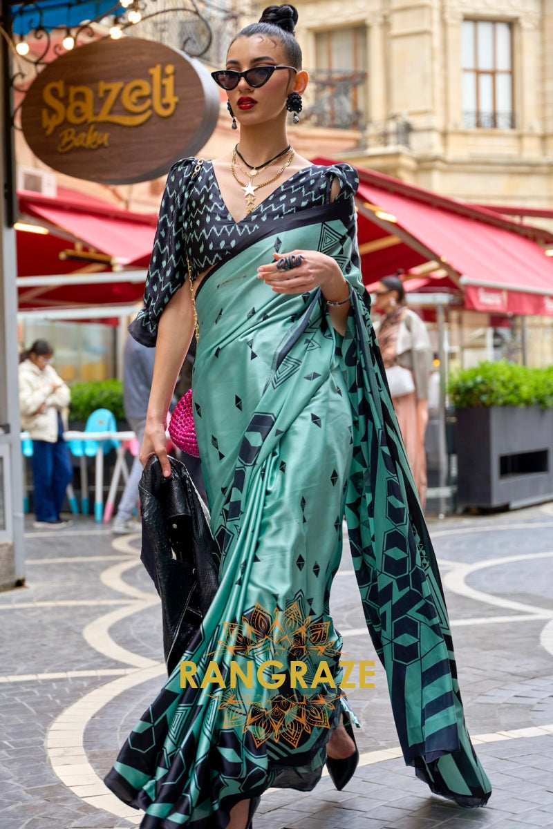 Sparkling Sky Blue Soft Satin Silk Print Saree