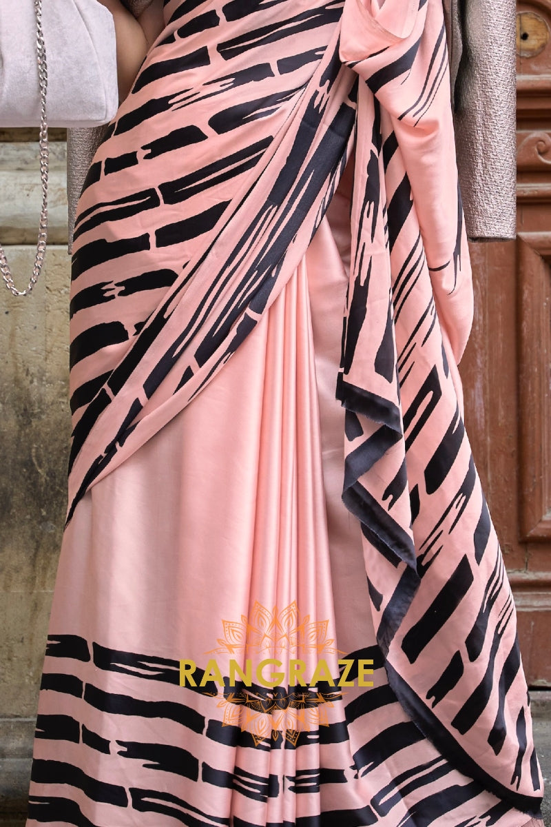 Sparkling Pearly Pink Soft Satin Silk Print Saree