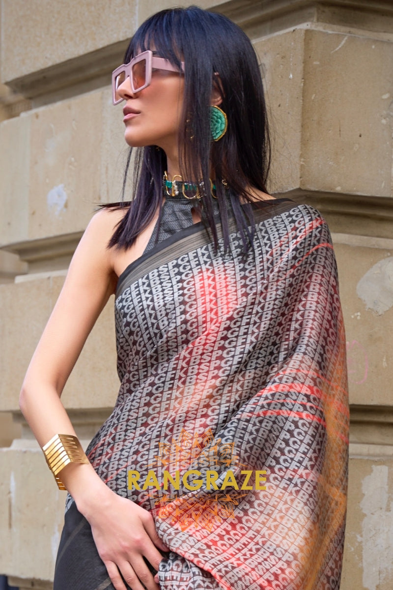 Timeless Twilight Black Print Handloom Weaving Viscose Silk Saree