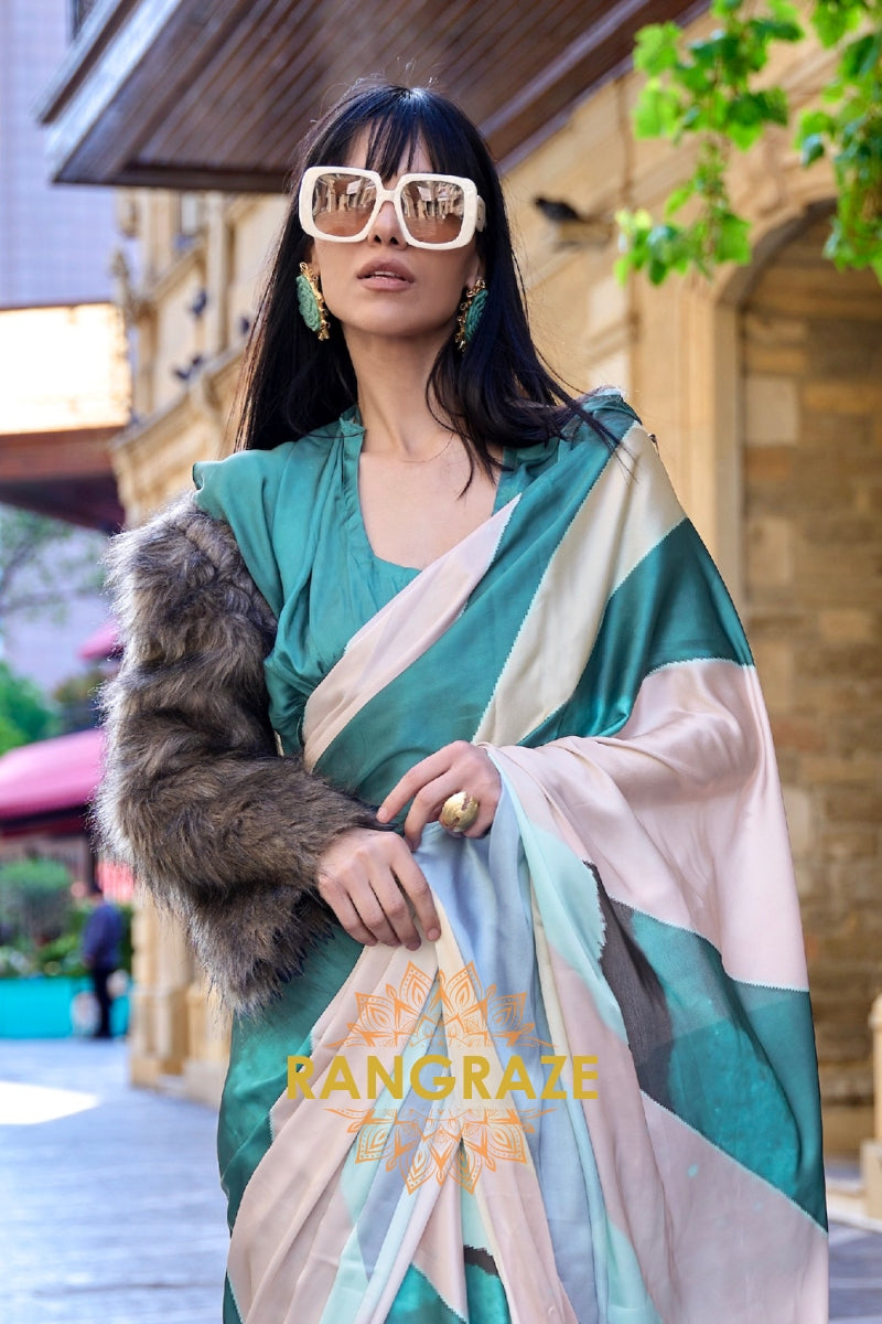 Stunning Pinky Green Digital Print Satin Soft Silk Saree
