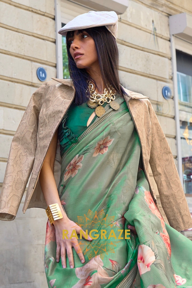 Orchid Green Floral Print Satin Organza Weaving Saree