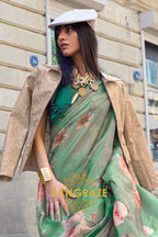 Orchid Green Floral Print Satin Organza Weaving Saree