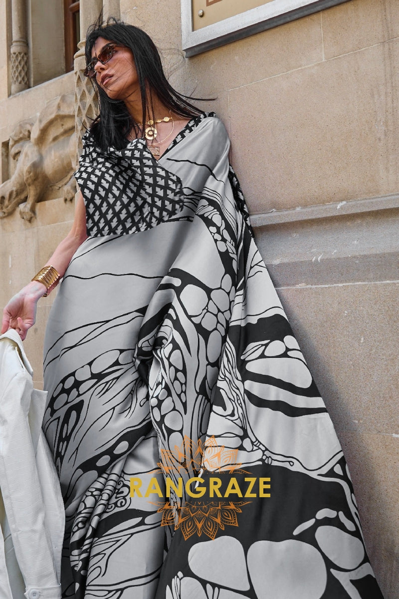 Rajwada White Satin Silk Printed Saree