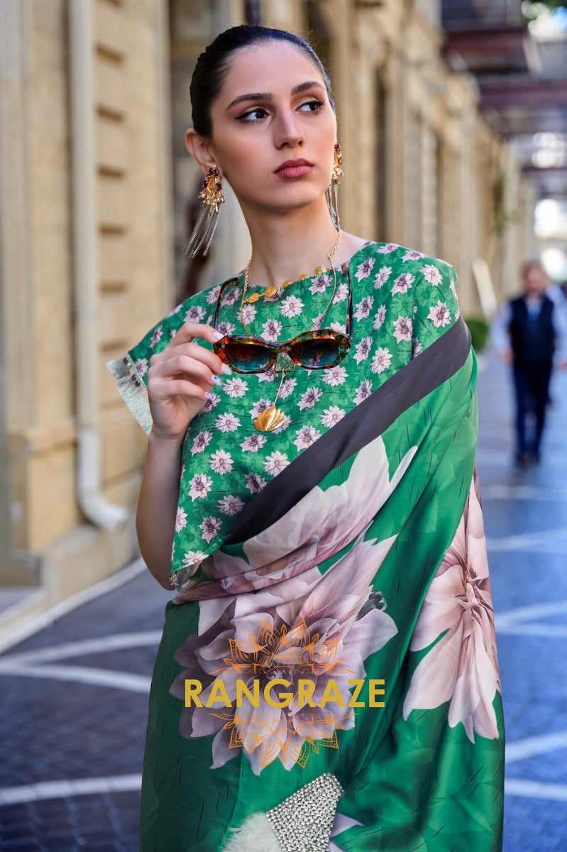 Stunning Forest Green Digital Print Satin Soft Silk Saree