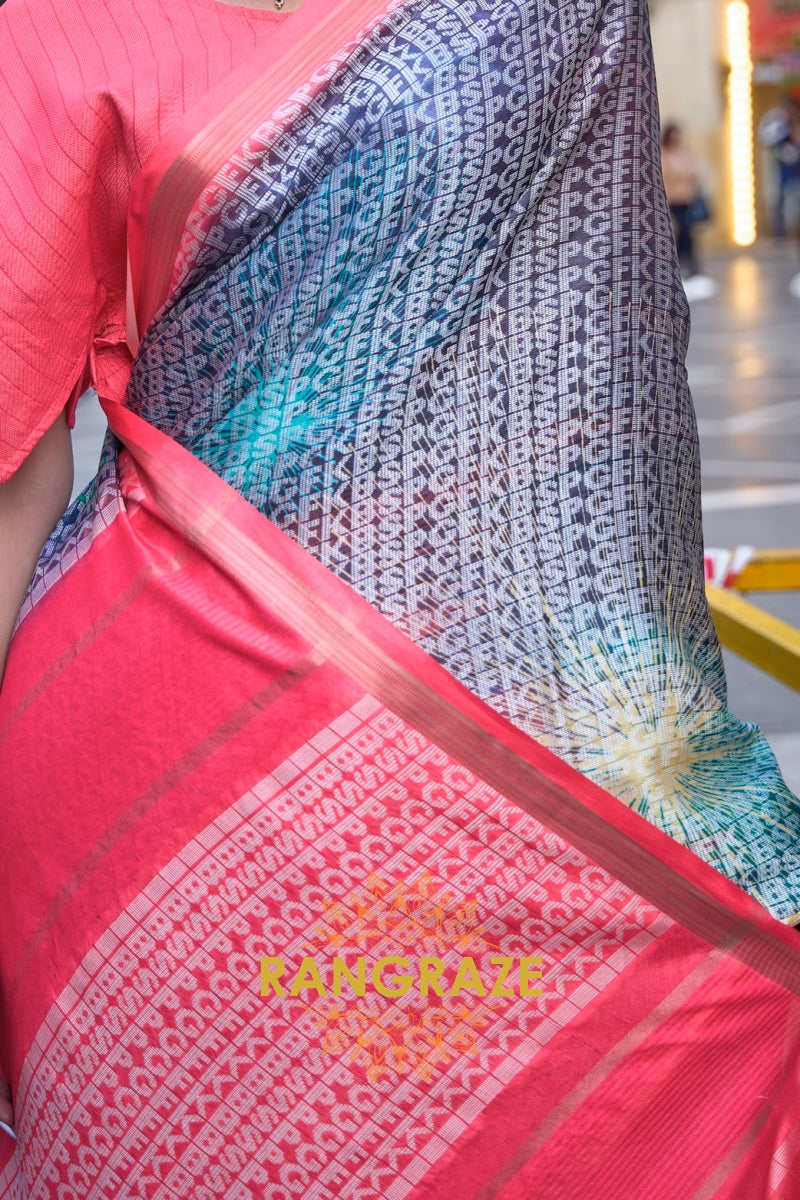 Timeless Grey Pink Print Handloom Weaving Viscose Silk Saree