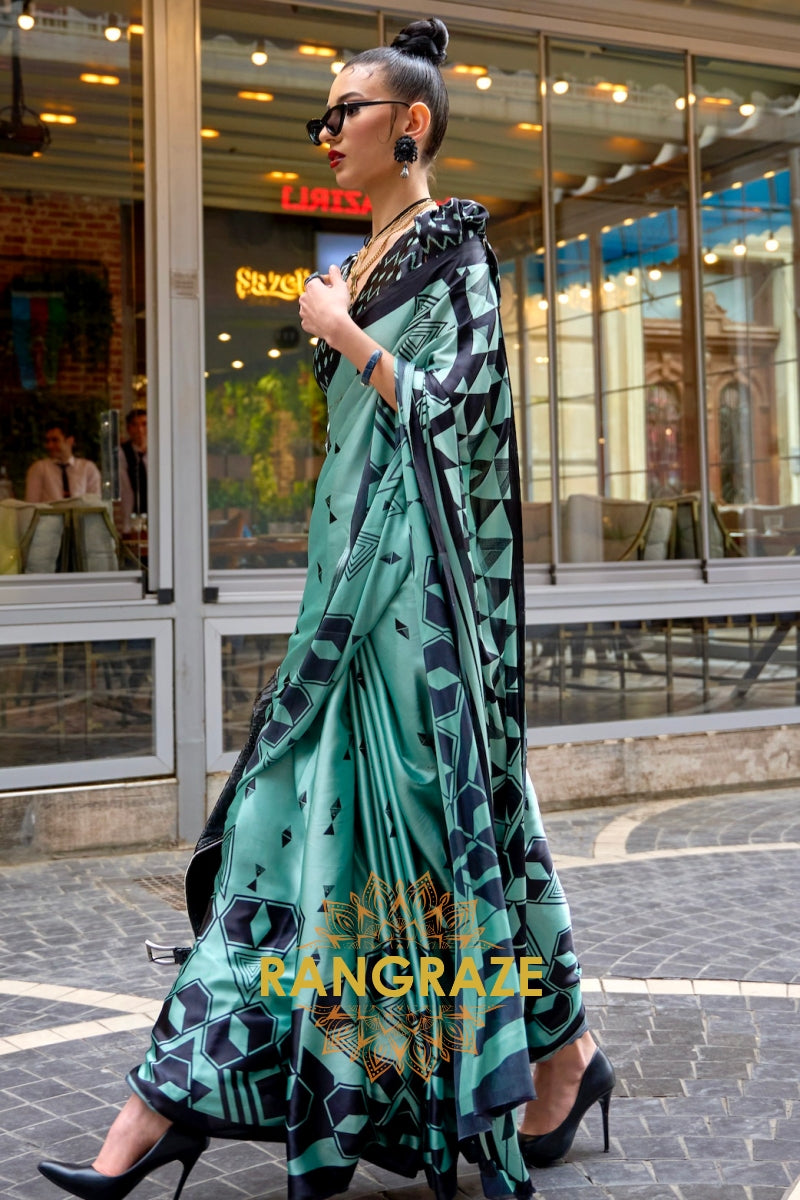 Sparkling Sky Blue Soft Satin Silk Print Saree