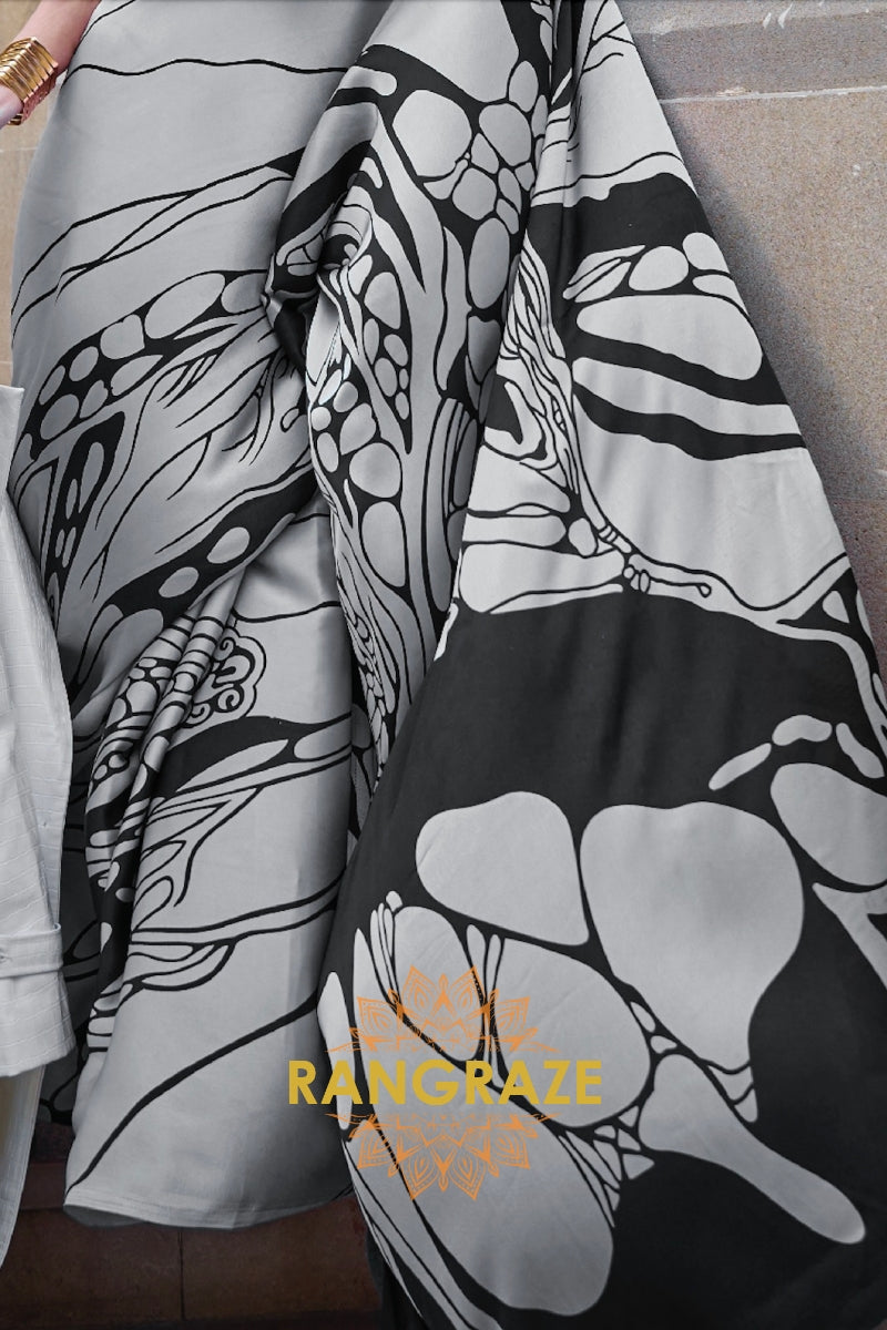 Rajwada White Satin Silk Printed Saree