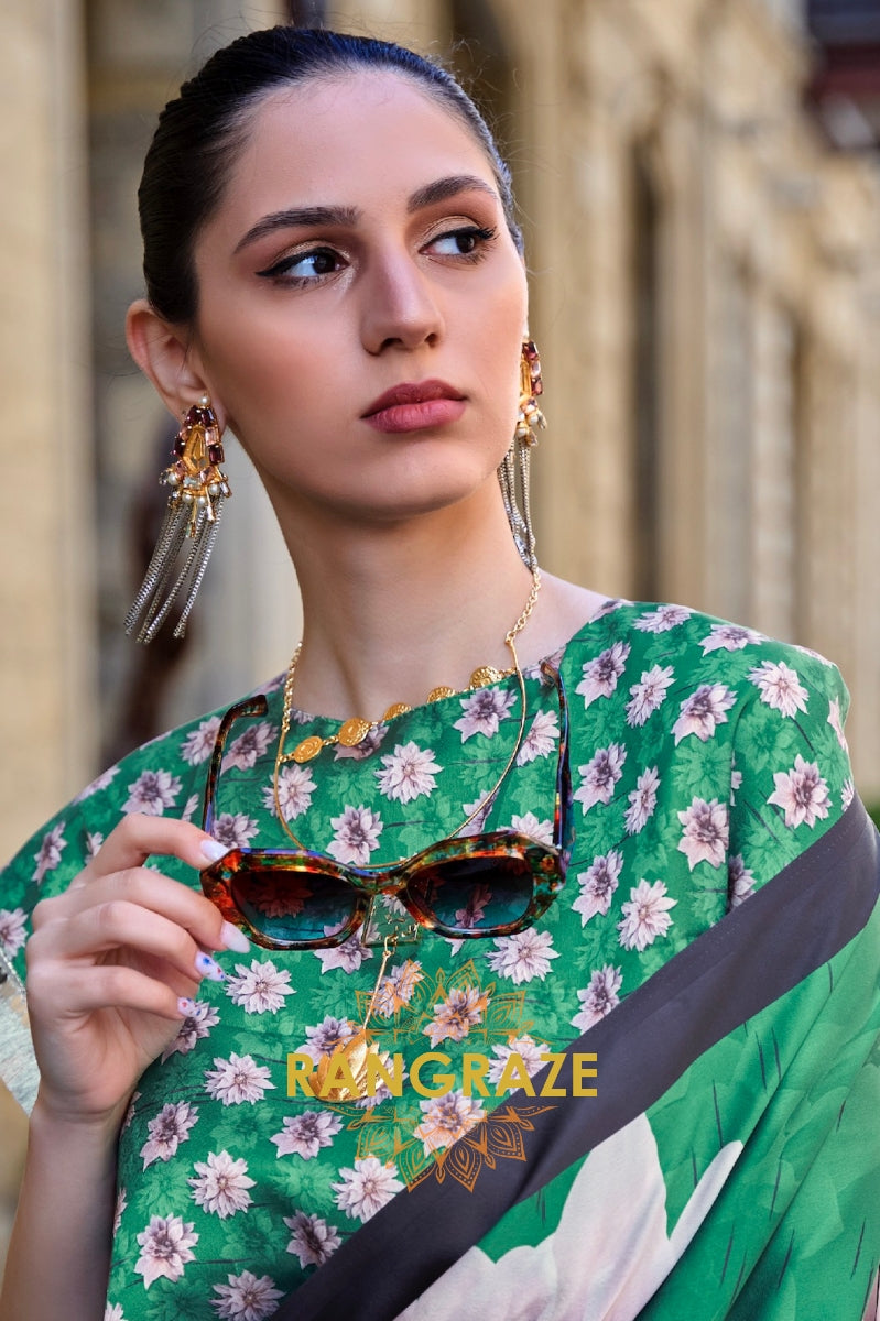 Stunning Forest Green Digital Print Satin Soft Silk Saree