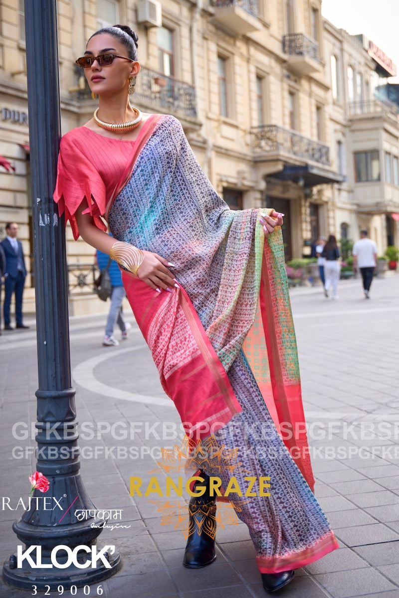 Timeless Grey Pink Print Handloom Weaving Viscose Silk Saree