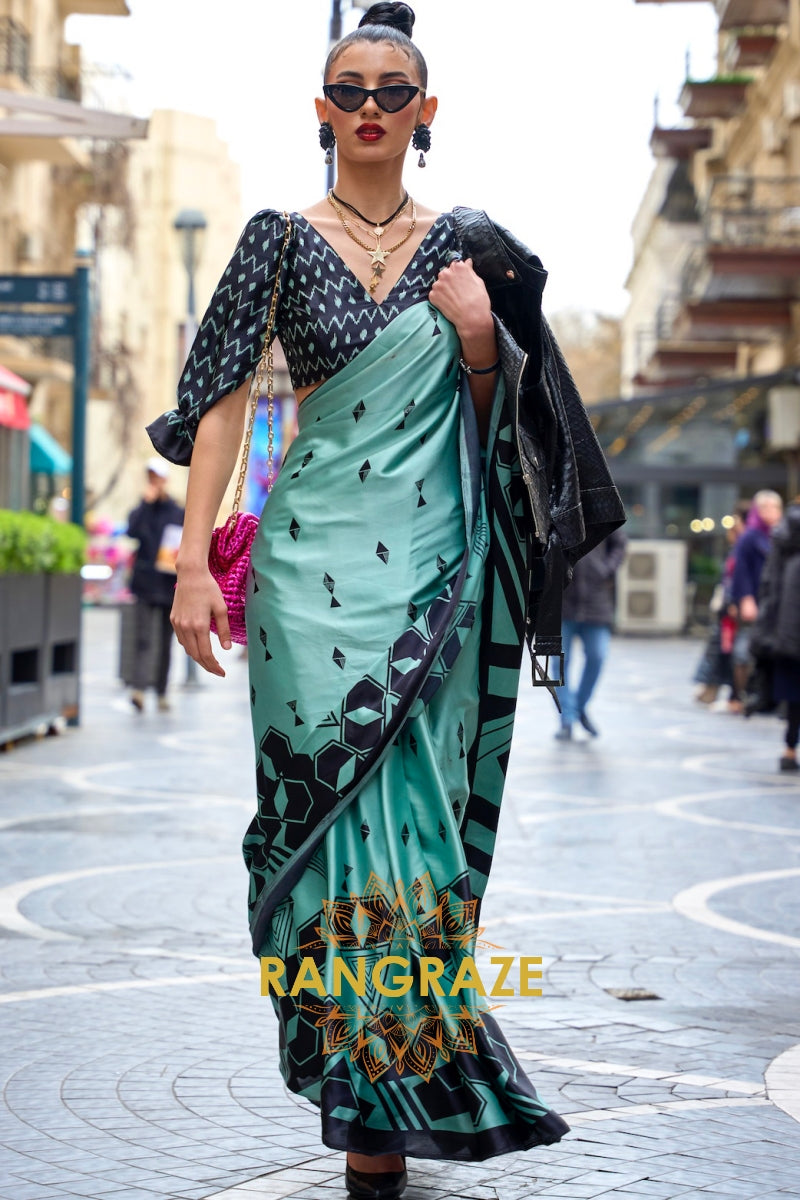 Sparkling Sky Blue Soft Satin Silk Print Saree