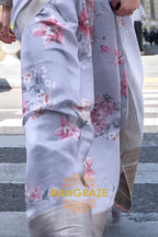 Orchid Grey Floral Print Satin Organza Weaving Saree