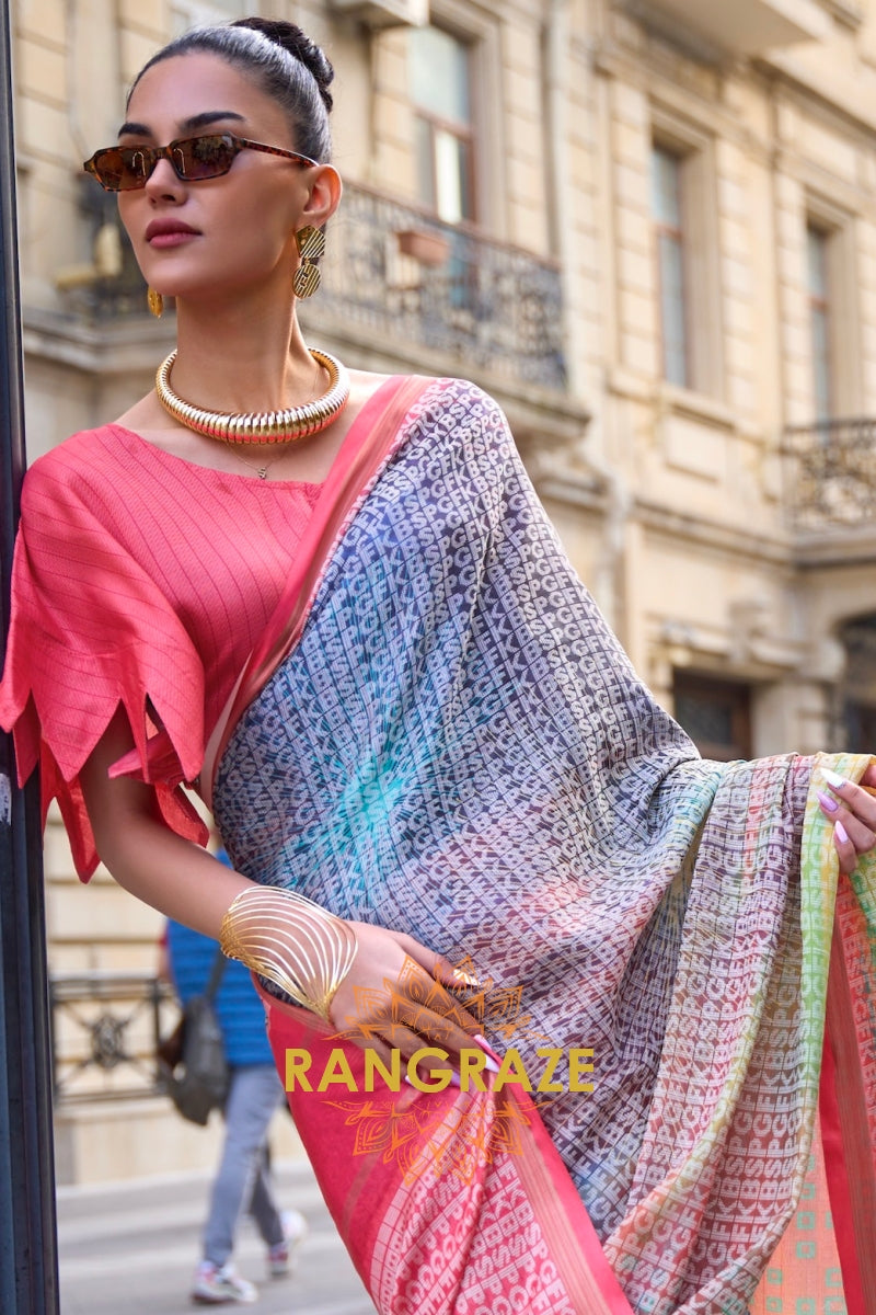 Timeless Grey Pink Print Handloom Weaving Viscose Silk Saree