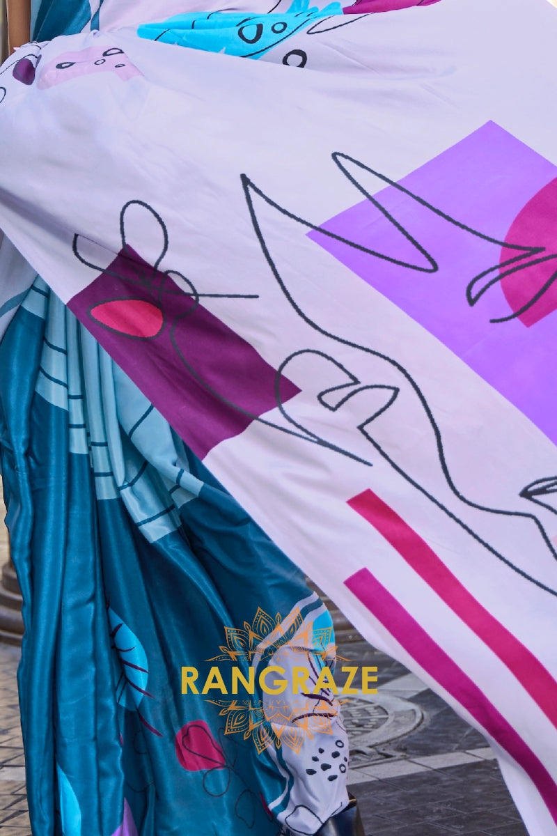 Bluish Purple Apex Pure Satin Silk Digital Print Saree