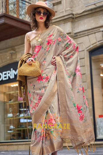 Golden Beige Floral Pure Gajji Silk Print Handloom Weaving