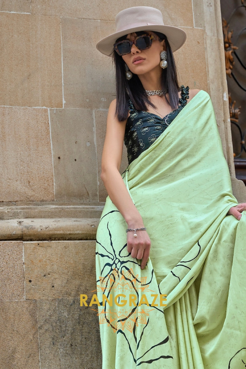 Sparkling Sea Green Soft Satin Silk Print Saree