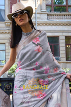 Orchid Grey Floral Print Satin Organza Weaving Saree