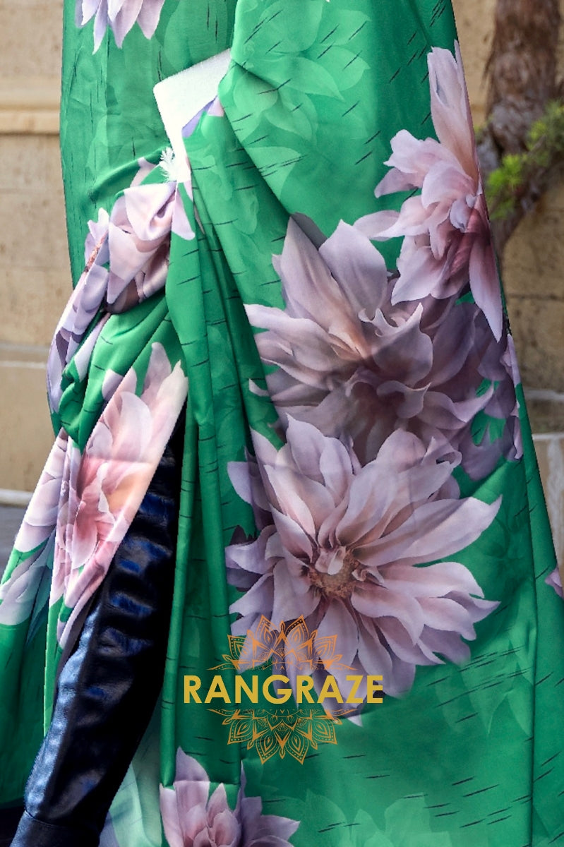 Stunning Forest Green Digital Print Satin Soft Silk Saree