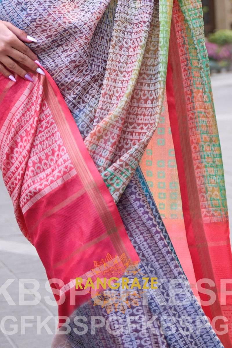 Timeless Grey Pink Print Handloom Weaving Viscose Silk Saree
