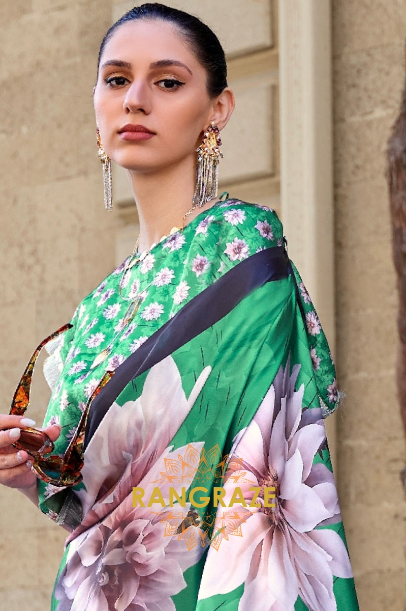 Stunning Forest Green Digital Print Satin Soft Silk Saree