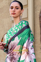 Stunning Forest Green Digital Print Satin Soft Silk Saree
