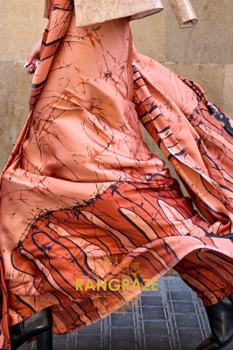 Rajwada Peach Satin Silk Printed Saree