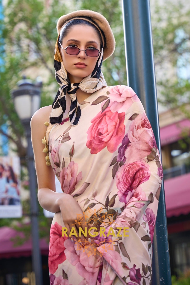 Pinkish Beige Apex Pure Satin Silk Digital Print Saree