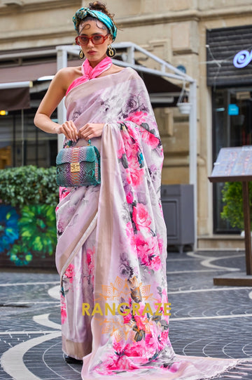 Pink Floral Pure Gajji Silk Print Handloom Weaving