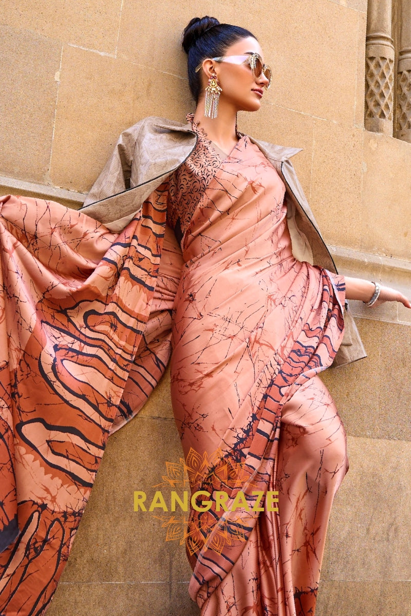 Rajwada Peach Satin Silk Printed Saree