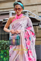 Pink Floral Pure Gajji Silk Print Handloom Weaving