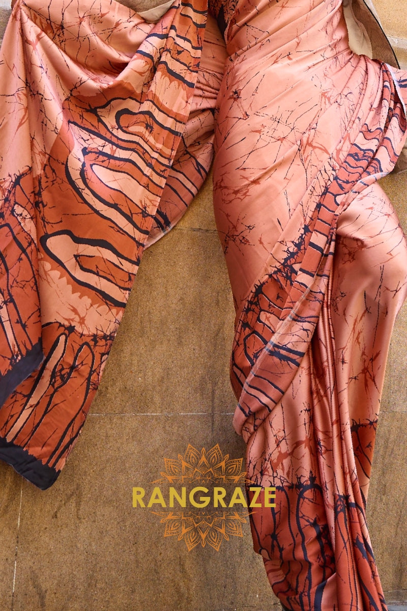 Rajwada Peach Satin Silk Printed Saree