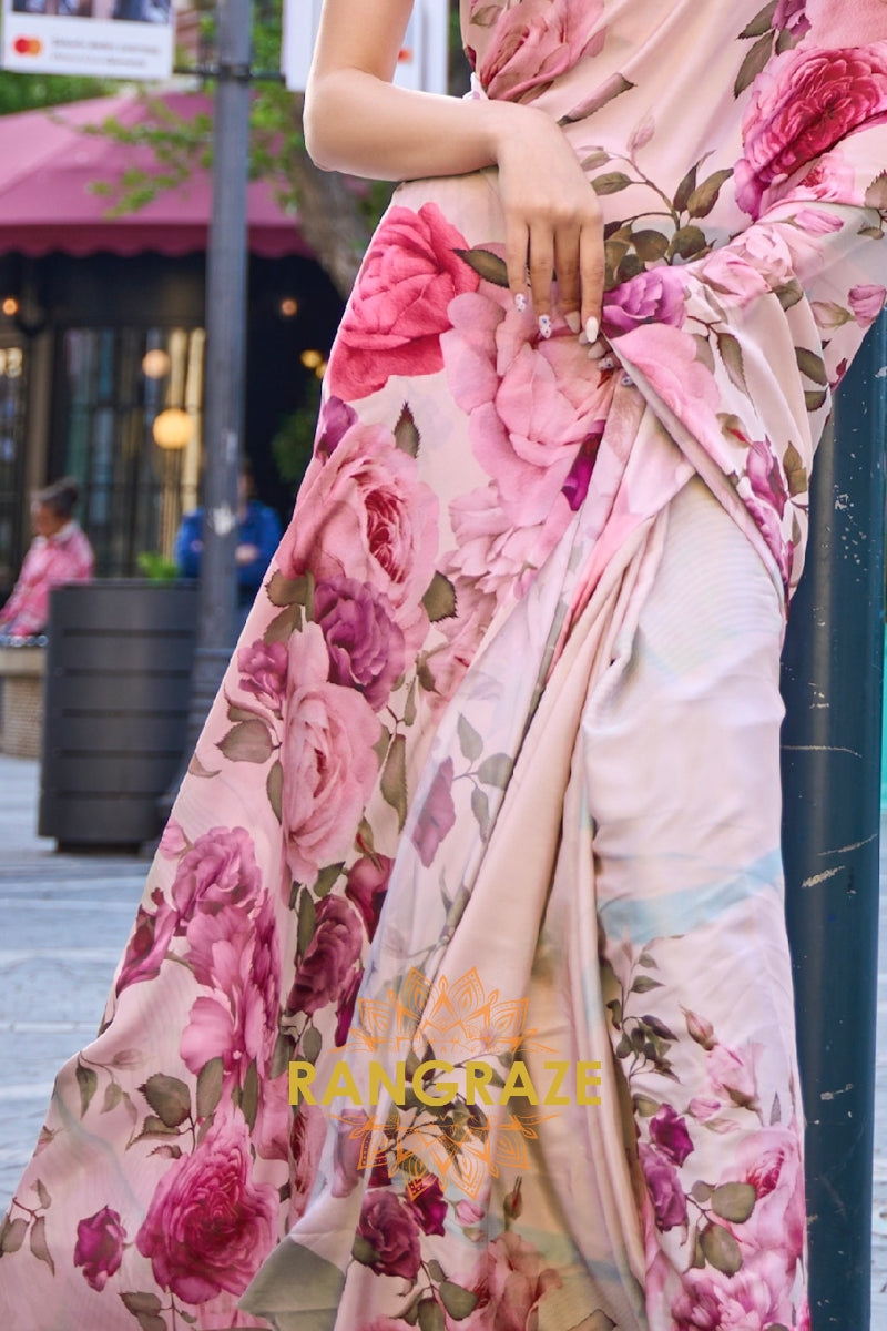 Pinkish Beige Apex Pure Satin Silk Digital Print Saree