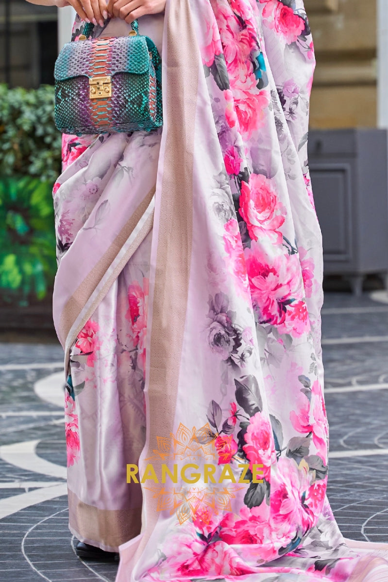 Pink Floral Pure Gajji Silk Print Handloom Weaving