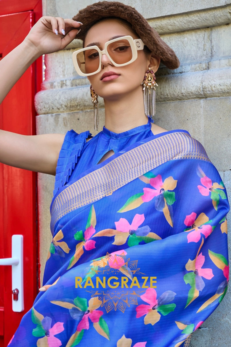 Orchid Blue Floral Print Satin Organza Weaving Saree