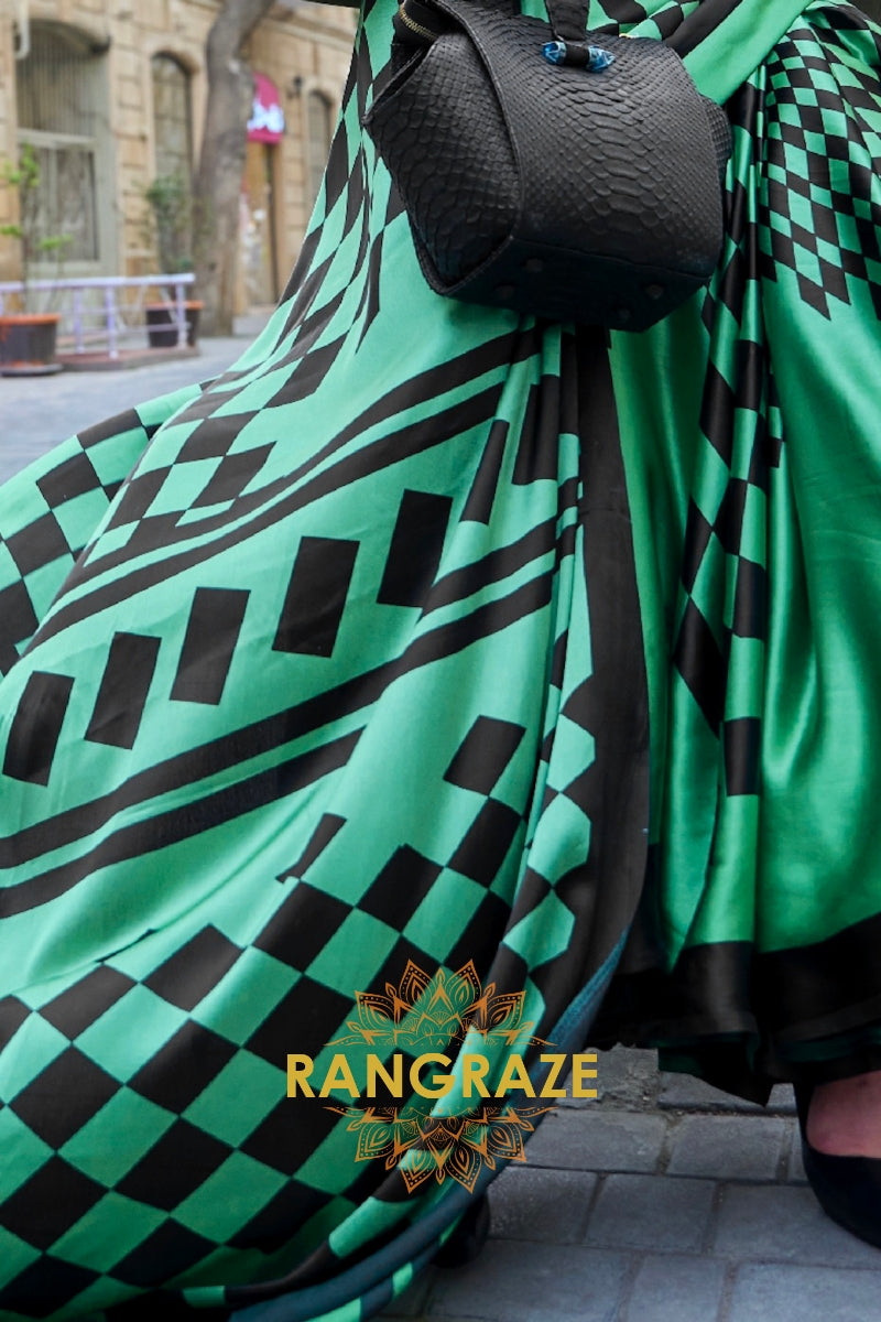 Sparkling Forest Green Soft Satin Silk Print Saree