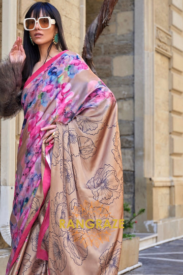 Stunning Brownish Pink Digital Print Satin Soft Silk Saree