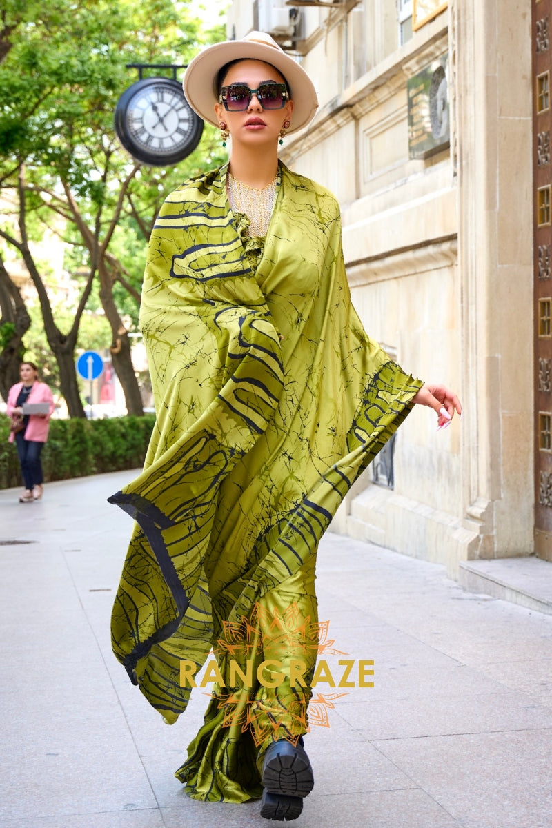Rajwada Moss Green Satin Silk Printed Saree
