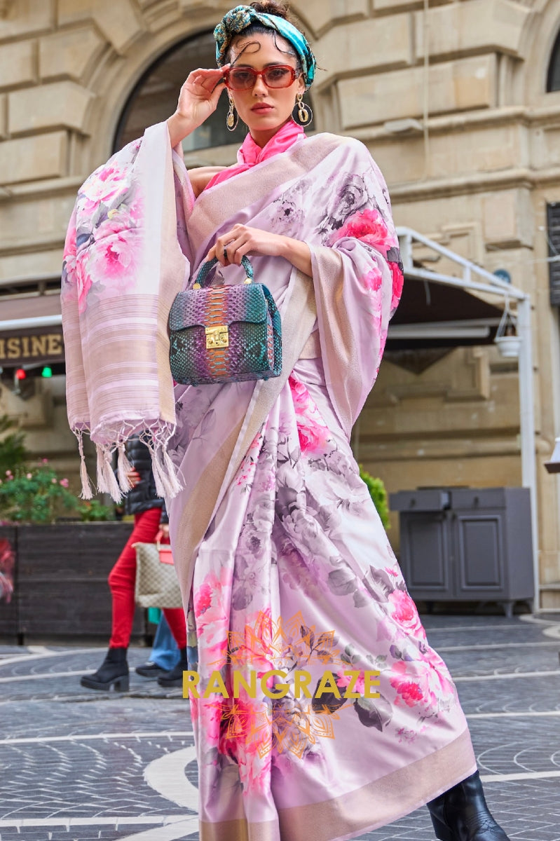 Pink Floral Pure Gajji Silk Print Handloom Weaving