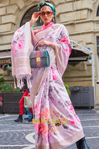 Pink Floral Pure Gajji Silk Print Handloom Weaving