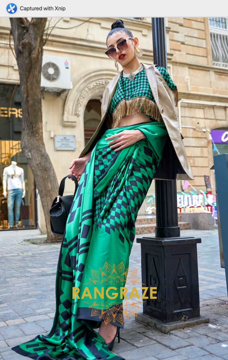 Sparkling Forest Green Soft Satin Silk Print Saree