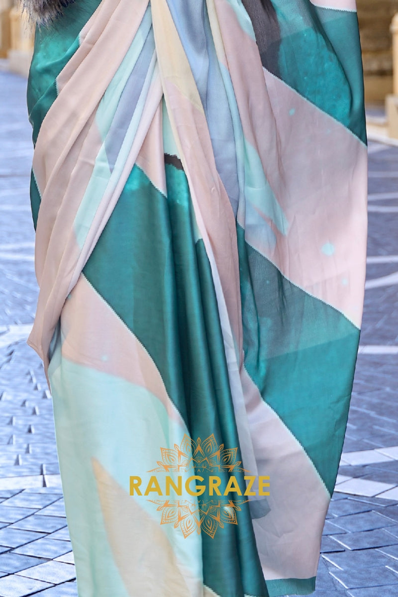 Stunning Pinky Green Digital Print Satin Soft Silk Saree