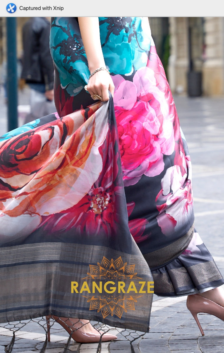 Black Floral Pure Gajji Silk Print Handloom Weaving