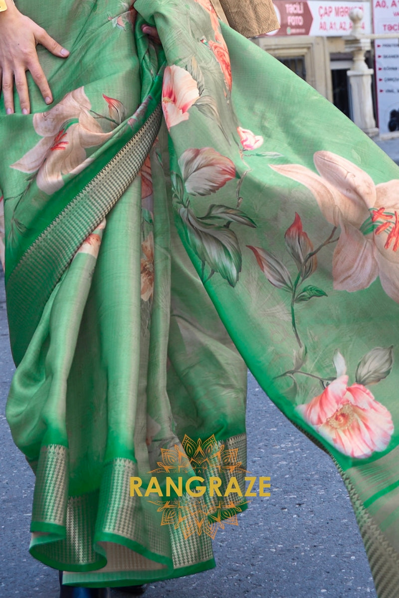 Orchid Green Floral Print Satin Organza Weaving Saree