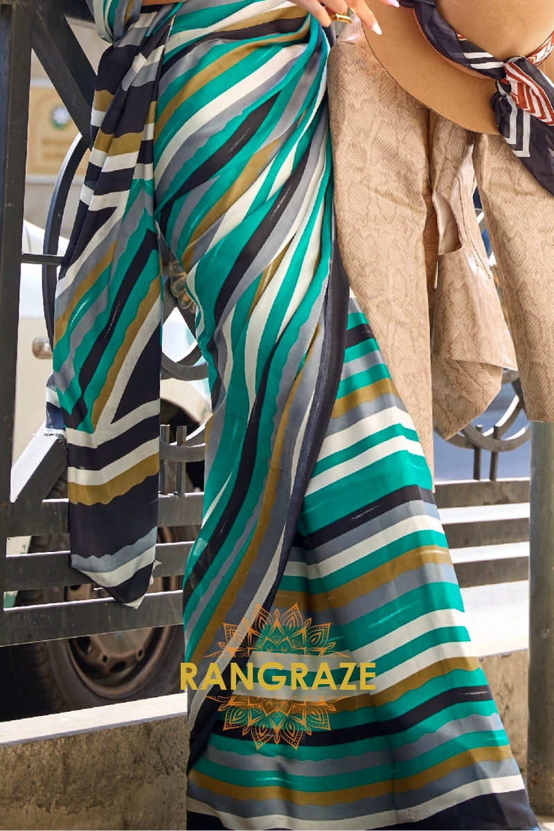 Rajwada Green Satin Silk Printed Saree