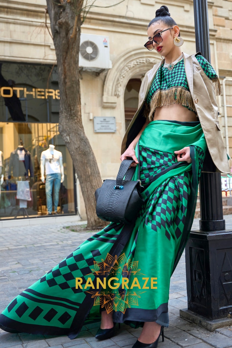 Sparkling Forest Green Soft Satin Silk Print Saree