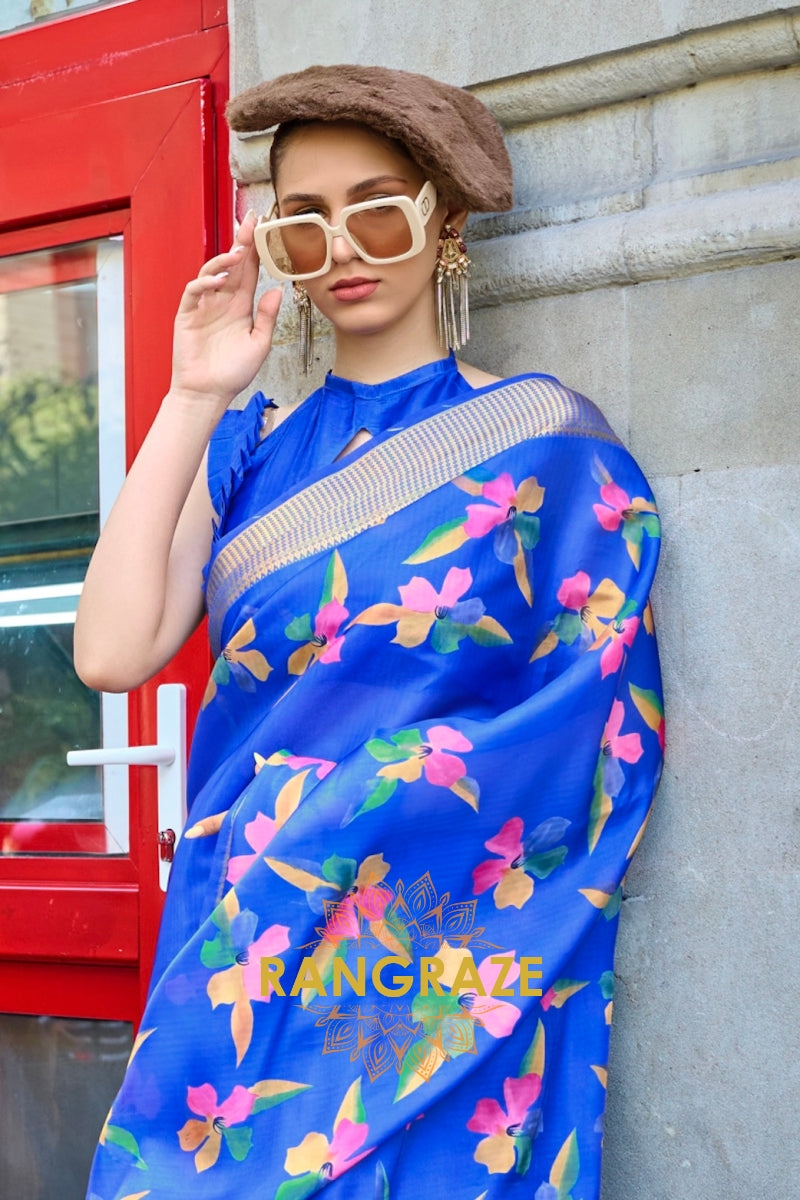 Orchid Blue Floral Print Satin Organza Weaving Saree