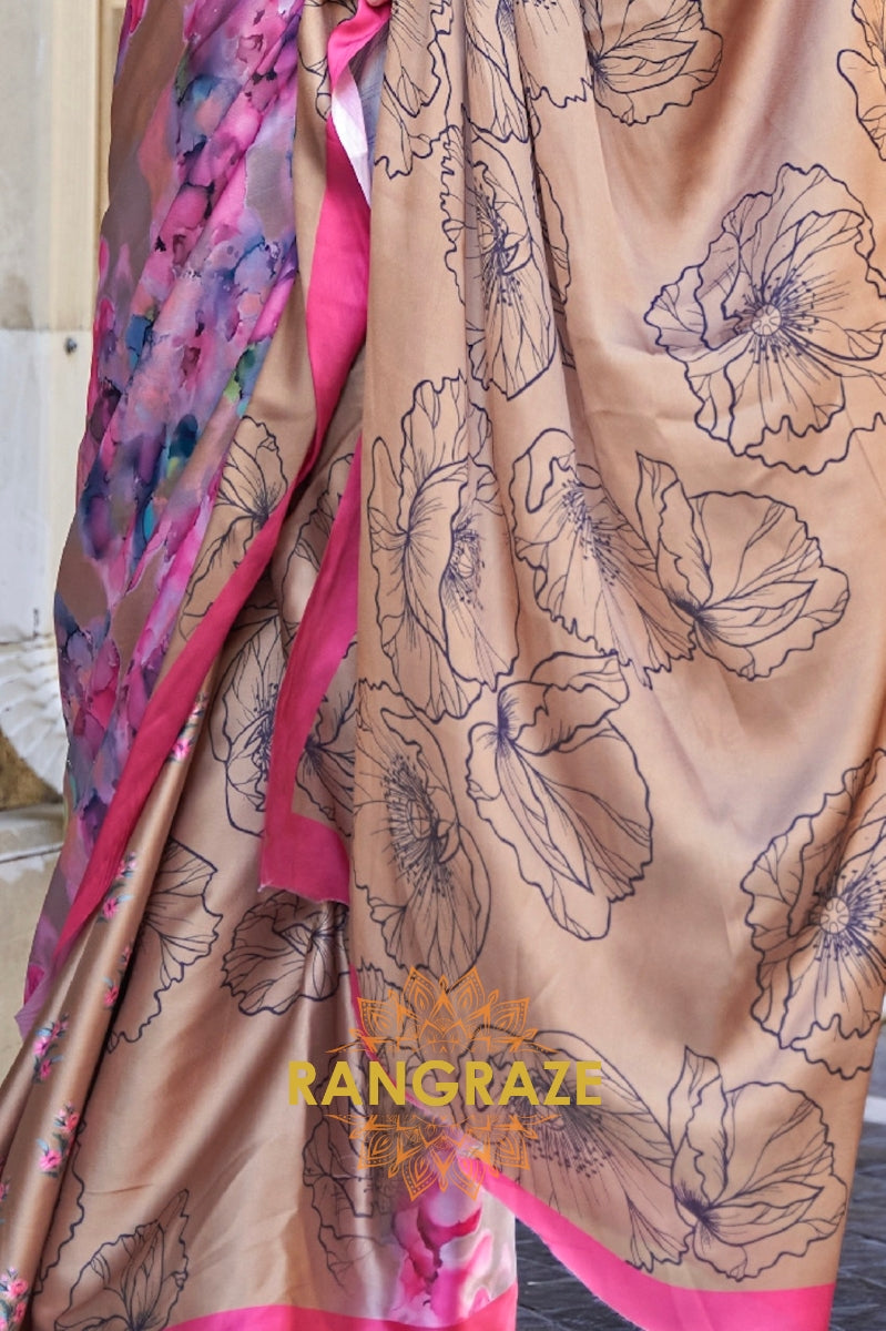 Stunning Brownish Pink Digital Print Satin Soft Silk Saree