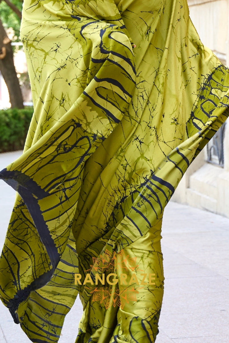 Rajwada Moss Green Satin Silk Printed Saree