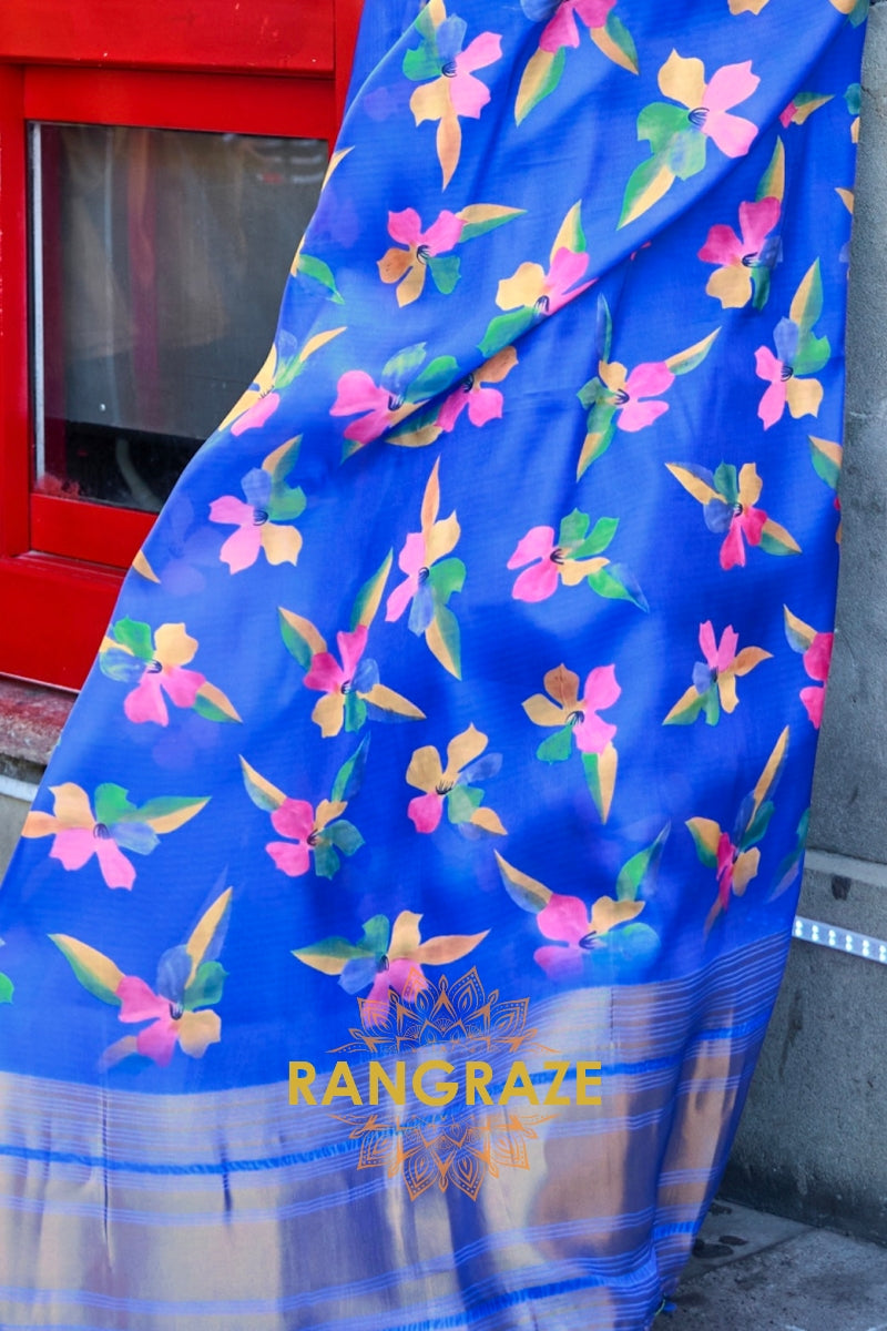 Orchid Blue Floral Print Satin Organza Weaving Saree